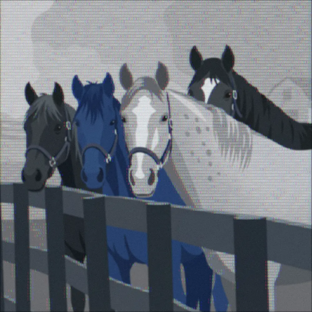 Four horses standing at a wooden fence, drawn over a field of binary digits.